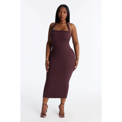 Mallory Halter Snatched Midi Dress - Chocolate