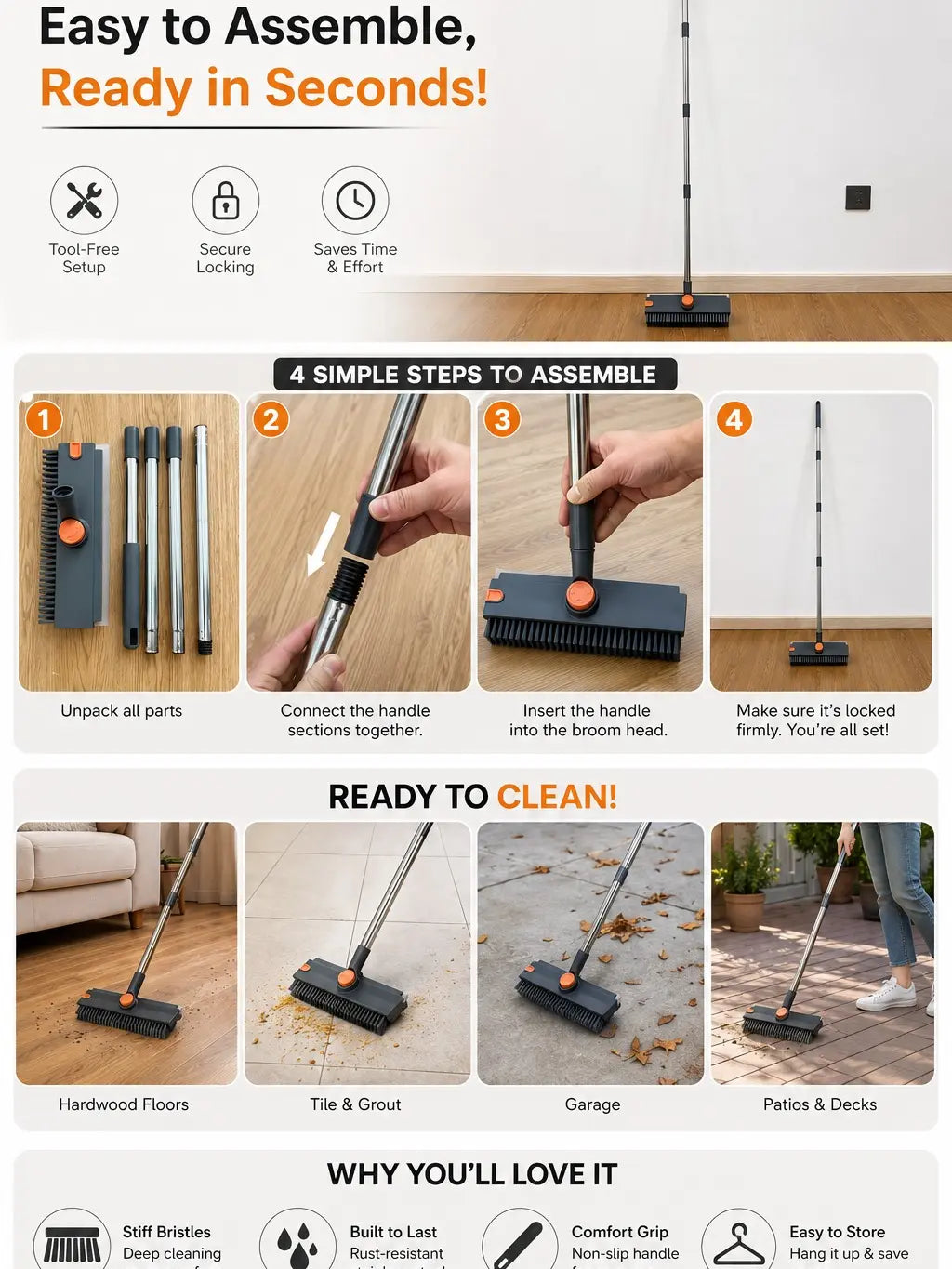 3-In-1 Long Handled Floor Cleaning Brush, Sweep & Scrub Combo with Ergonomic Handle, Heavy Duty Household Tool for Tile, Bathtub, Shower, Baseboard & Hard-To-Reach Corners, Thick Bristles Remove Stains, Grime and Mold Quickly
