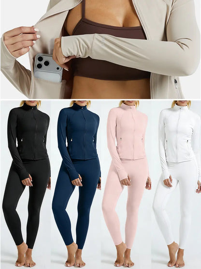RIOJOY Women'S Basic Long Sleeve BBL Jacket - Spandex Fabric, Lightweight Stand-Up Collar, Full Zipper, Thumb Holes, Pockets, Quick Dry, Breathable, Slim Fit Reflective Outwear for Workout, Longsleeves, Coats, Gym Clothes Women