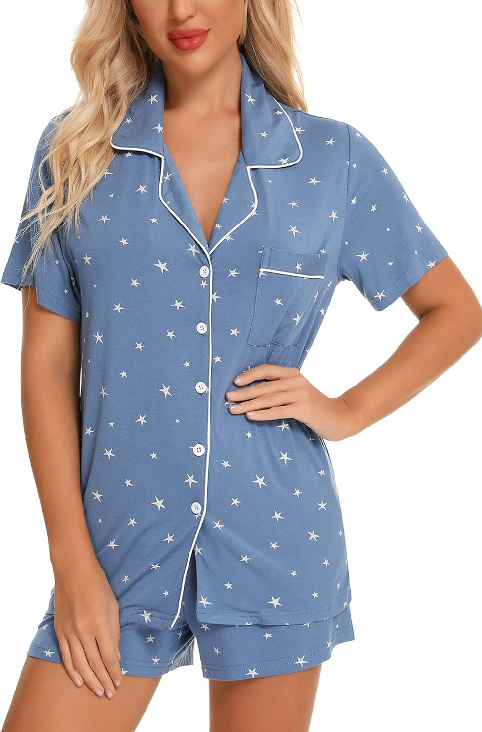 Womens Pajamas Set Short Sleeve Button down Sleepwear 2 Piece Pjs | Lounge Set,Side Pockets,Soft Stretchy,Sleep,Bridesmaid,Wedding Party,Honeymoon,Vacation,Maternity,Postpartum,Xmas,All Seasons
