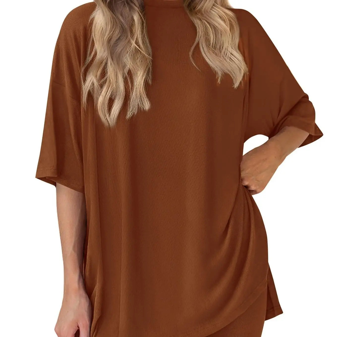 Women'S 2-Piece Solid Color Short-Sleeve round Neck Sleepwear Set - T-Shirt, Tight Shorts, Pocket Design, Casual Summer Comfort Loungewear Womenswear Homewear Womenswear