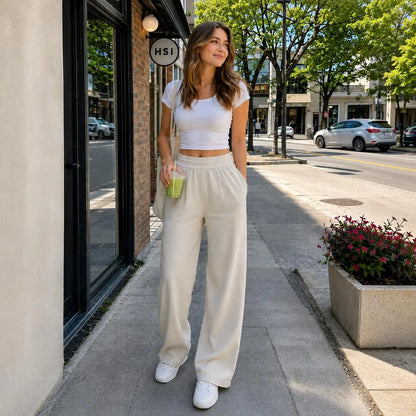 Women'S Elastic High-Waisted Wide Leg Pants - American Retro Loose Straight Lightweight Quick-Dry Breathable Casual Everyday Chic Bottoms 2026 New Casual Sports Trousers High-Quality Fabric Oner Active Soft Motion