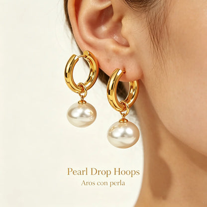 Gold Earrings for Women, Pearl Dangle Huggie Hoops in Waterproof Stainless Steel, Fashionable Office Lady Style for Daily Wear & Gifting, Post Hoop Earrings, High Quality Earrings