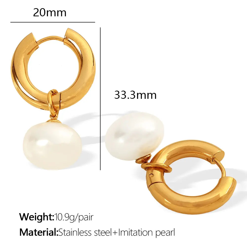 Gold Earrings for Women, Pearl Dangle Huggie Hoops in Waterproof Stainless Steel, Fashionable Office Lady Style for Daily Wear & Gifting, Post Hoop Earrings, High Quality Earrings