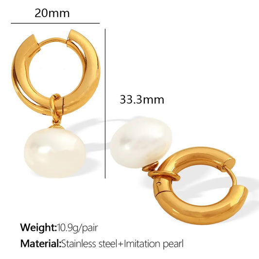 Gold Earrings for Women, Pearl Dangle Huggie Hoops in Waterproof Stainless Steel, Fashionable Office Lady Style for Daily Wear & Gifting, Post Hoop Earrings, High Quality Earrings