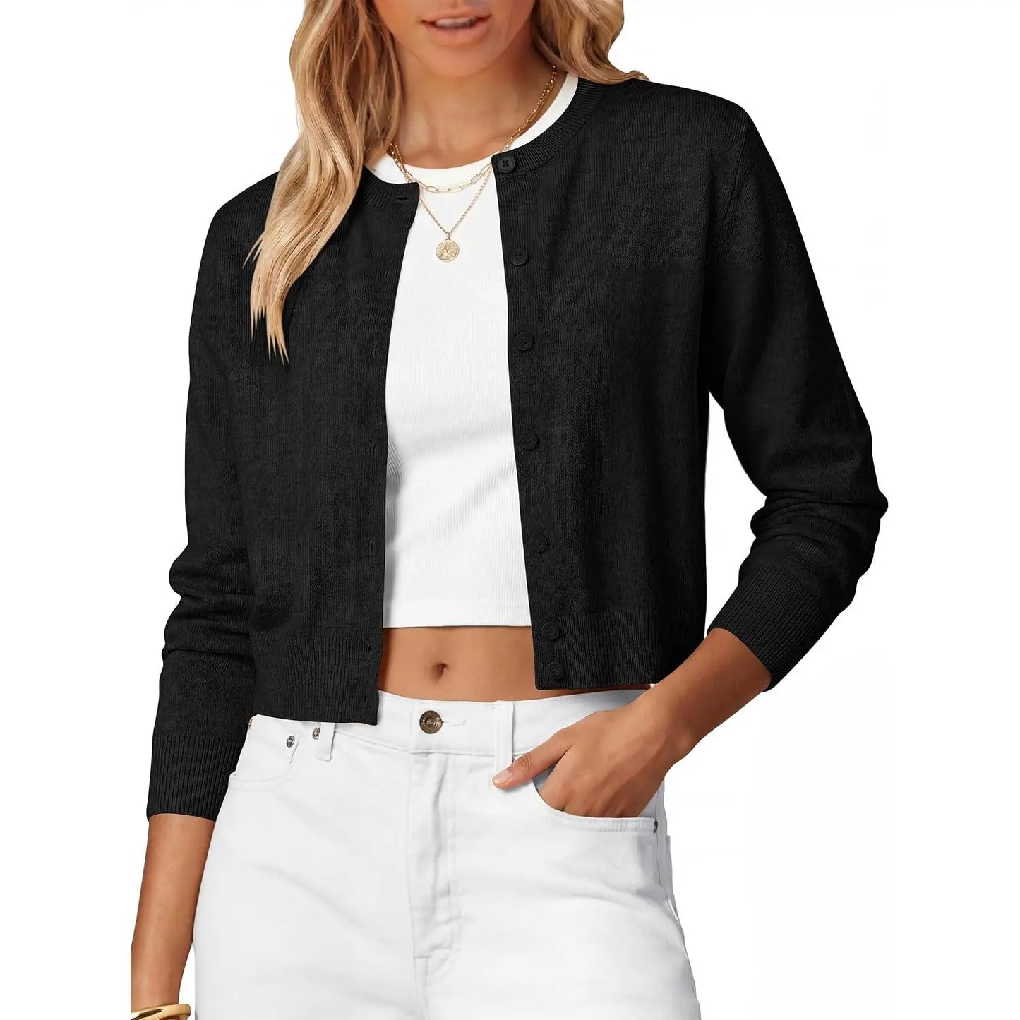 ANRABESS Women'S Cropped Cardigan Sweater | Lightweight Cozy Knit, Long Sleeve Crew Neck Button Down, Cute Versatile Tops for Business Casual Work, Travel, Spring Fall