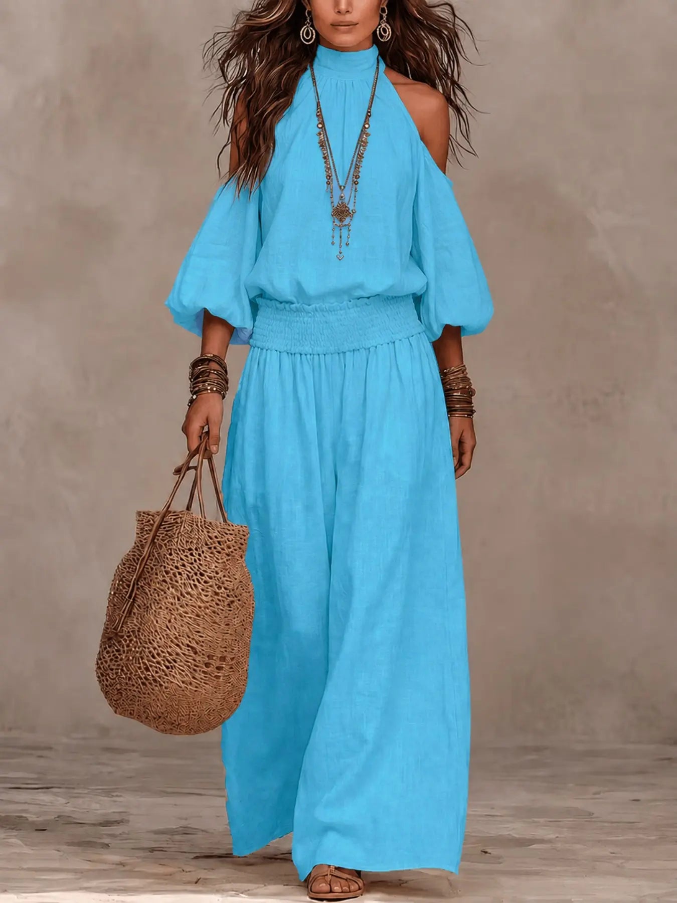 2 Piece Set European Style Loose Fit Lightweight Linen Halter Neck Shoulder Reveal Vacation High Waist Wide Leg Pants Bohemian