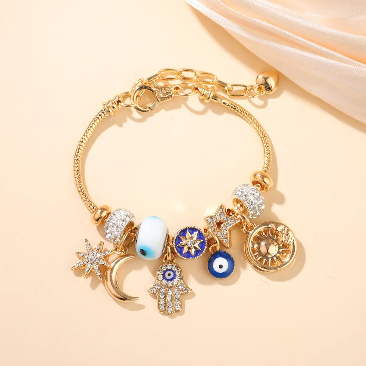 Celestial Charm Bracelet for Women | Moon, Hamsa Hand, Evil Eye & Tree of Life Charms | Gold Adjustable Chain | Fashion Jewelry Gift