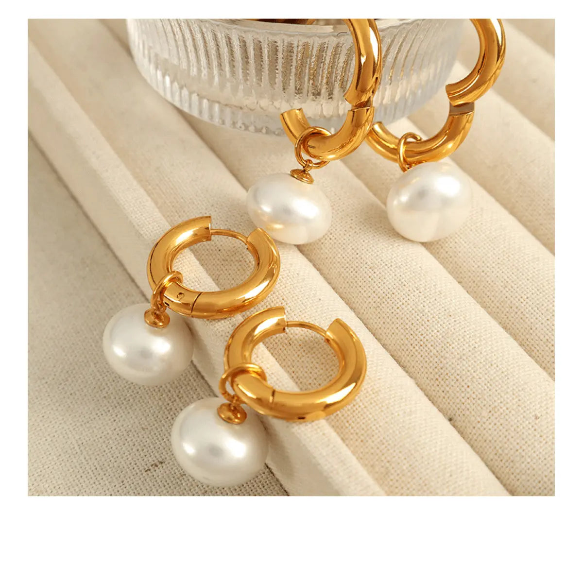 Gold Earrings for Women, Pearl Dangle Huggie Hoops in Waterproof Stainless Steel, Fashionable Office Lady Style for Daily Wear & Gifting, Post Hoop Earrings, High Quality Earrings
