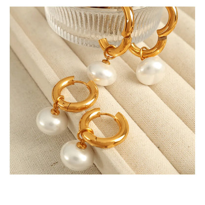 Gold Earrings for Women, Pearl Dangle Huggie Hoops in Waterproof Stainless Steel, Fashionable Office Lady Style for Daily Wear & Gifting, Post Hoop Earrings, High Quality Earrings