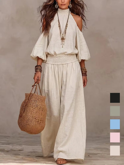 2 Piece Set European Style Loose Fit Lightweight Linen Halter Neck Shoulder Reveal Vacation High Waist Wide Leg Pants Bohemian