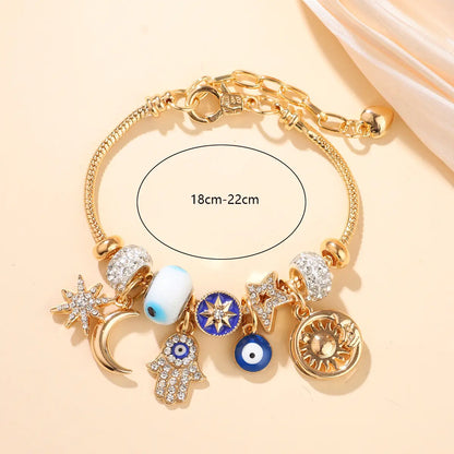 Celestial Charm Bracelet for Women | Moon, Hamsa Hand, Evil Eye & Tree of Life Charms | Gold Adjustable Chain | Fashion Jewelry Gift