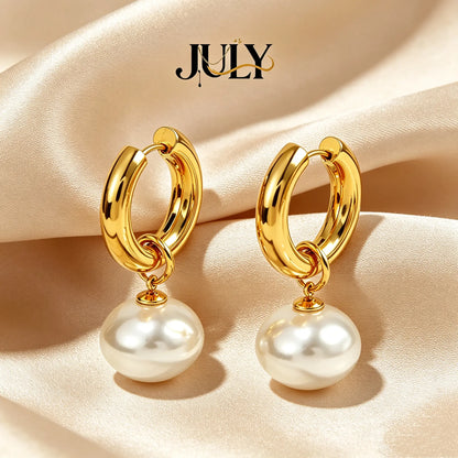 Gold Earrings for Women, Pearl Dangle Huggie Hoops in Waterproof Stainless Steel, Fashionable Office Lady Style for Daily Wear & Gifting, Post Hoop Earrings, High Quality Earrings