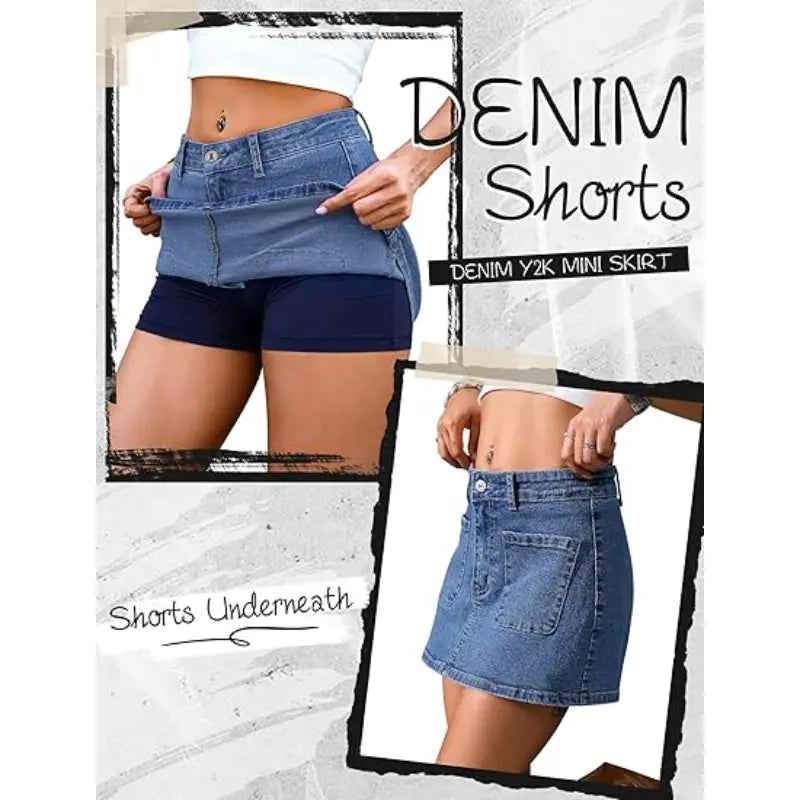 Eddoyee Denim Skirt for Women Mini Jean Skirt with Shorts Y2K Stretchy Jean Skort with Pockets