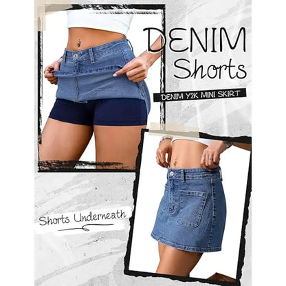Eddoyee Denim Skirt for Women Mini Jean Skirt with Shorts Y2K Stretchy Jean Skort with Pockets