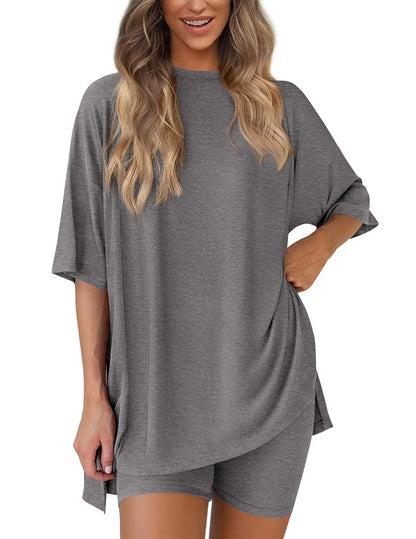 Women'S 2-Piece Solid Color Short-Sleeve round Neck Sleepwear Set - T-Shirt, Tight Shorts, Pocket Design, Casual Summer Comfort Loungewear Womenswear Homewear Womenswear