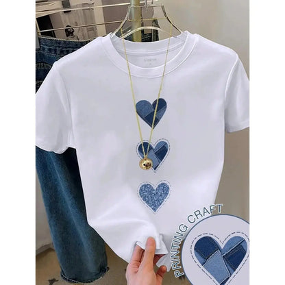 Women'S T-Shirt with Retro Denim Heart Print, Casual round Neck Short Sleeve Breathable Cotton Summer Streetwear, Shirts for Women, Trendy Graphic Shirts