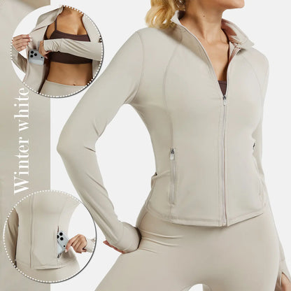 RIOJOY Women'S Basic Long Sleeve BBL Jacket - Spandex Fabric, Lightweight Stand-Up Collar, Full Zipper, Thumb Holes, Pockets, Quick Dry, Breathable, Slim Fit Reflective Outwear for Workout, Longsleeves, Coats, Gym Clothes Women