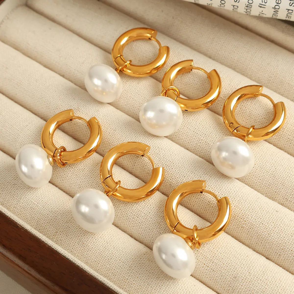 Gold Earrings for Women, Pearl Dangle Huggie Hoops in Waterproof Stainless Steel, Fashionable Office Lady Style for Daily Wear & Gifting, Post Hoop Earrings, High Quality Earrings