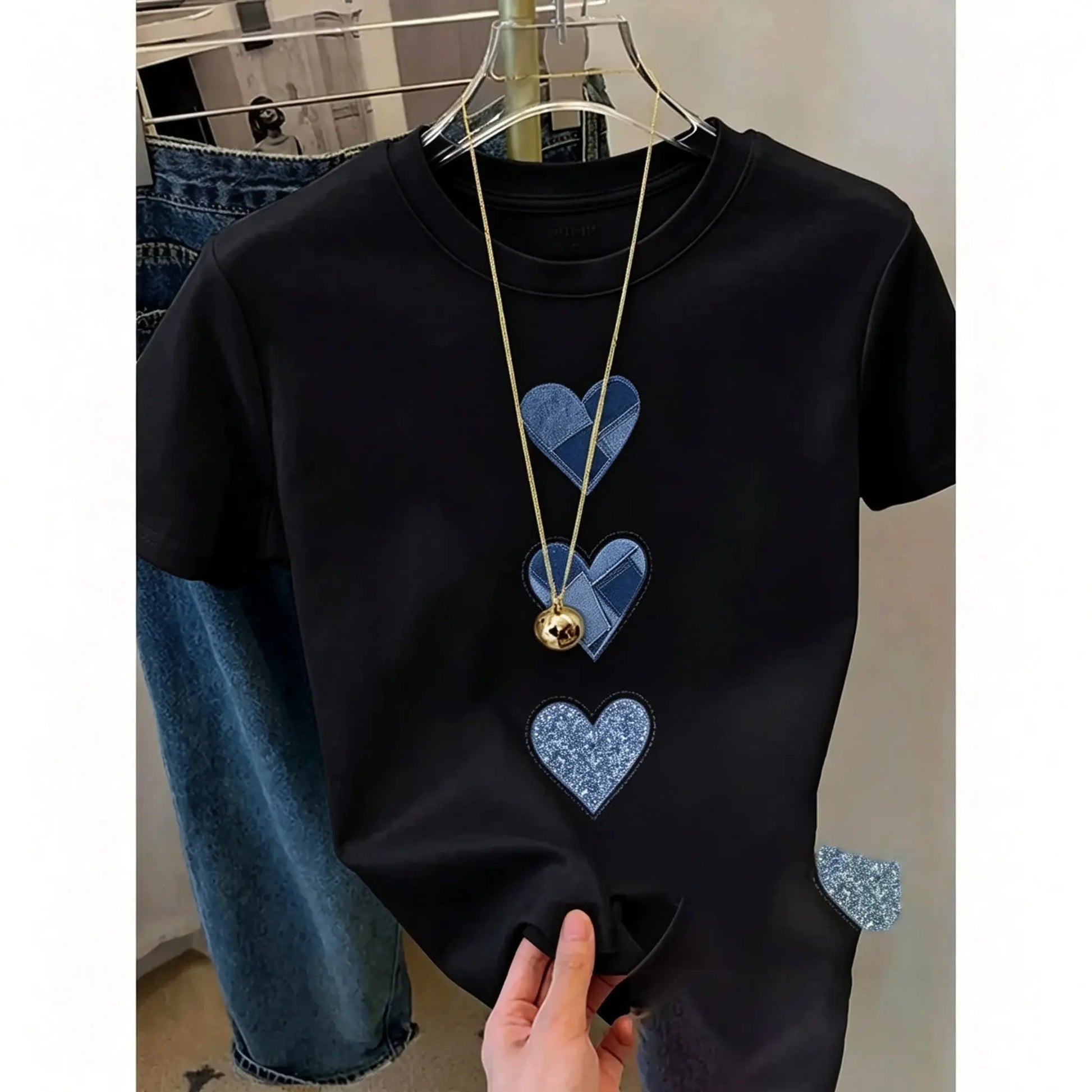 Women'S T-Shirt with Retro Denim Heart Print, Casual round Neck Short Sleeve Breathable Cotton Summer Streetwear, Shirts for Women, Trendy Graphic Shirts