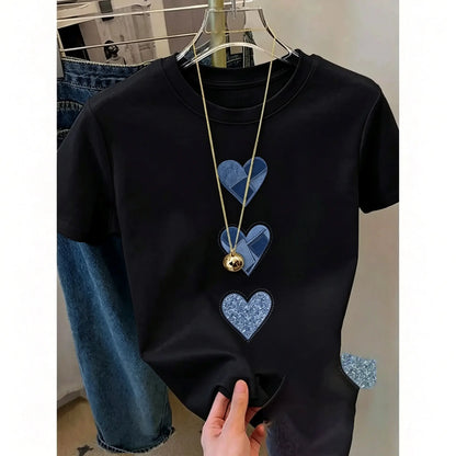 Women'S T-Shirt with Retro Denim Heart Print, Casual round Neck Short Sleeve Breathable Cotton Summer Streetwear, Shirts for Women, Trendy Graphic Shirts