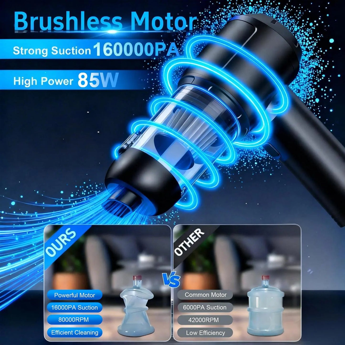 Car Vacuum Portable Cordless, 16000Pa 2 in 1 Vacuum Cleaner&Air Duster, High Power Brushless Motor Handheld Vacuum Cordless with 6000Mah Battery, Multi-Nozzles for Car, Home, Office, Pet