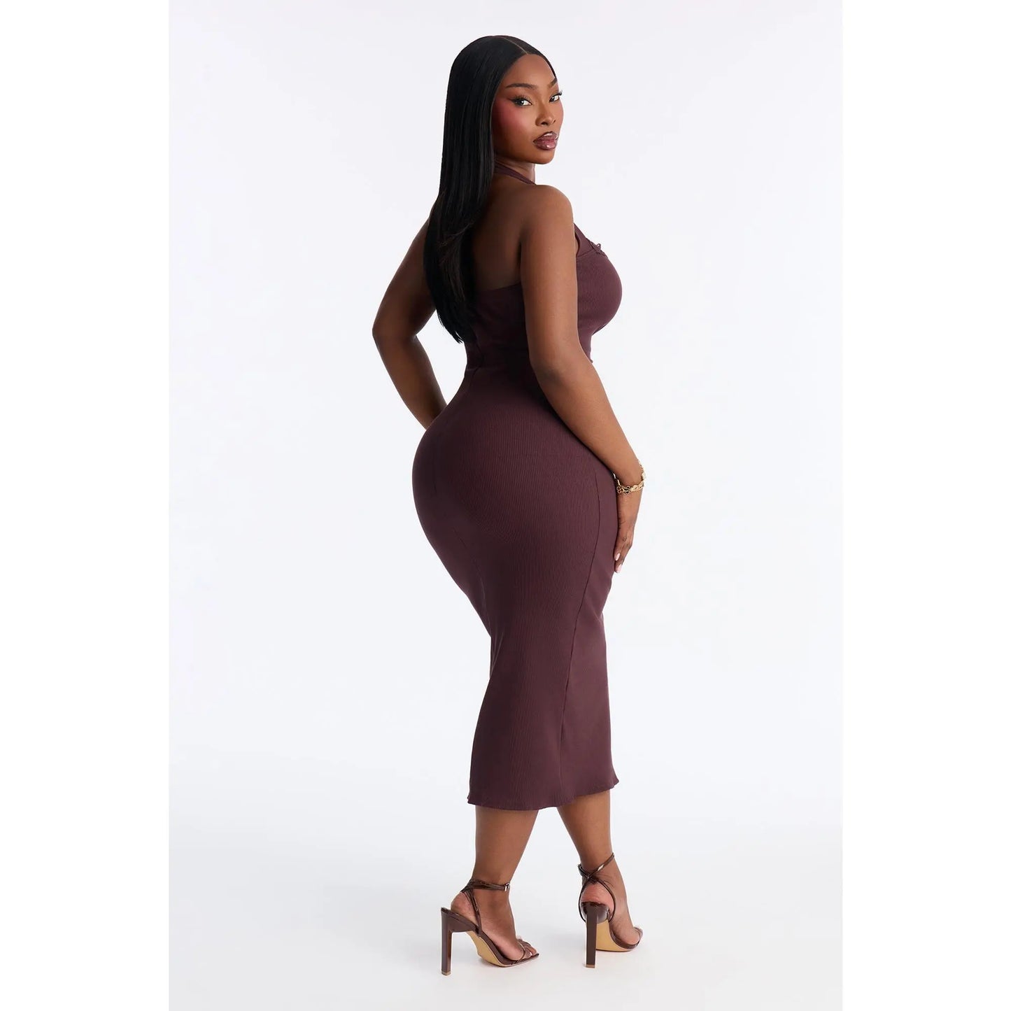 Mallory Halter Snatched Midi Dress - Chocolate