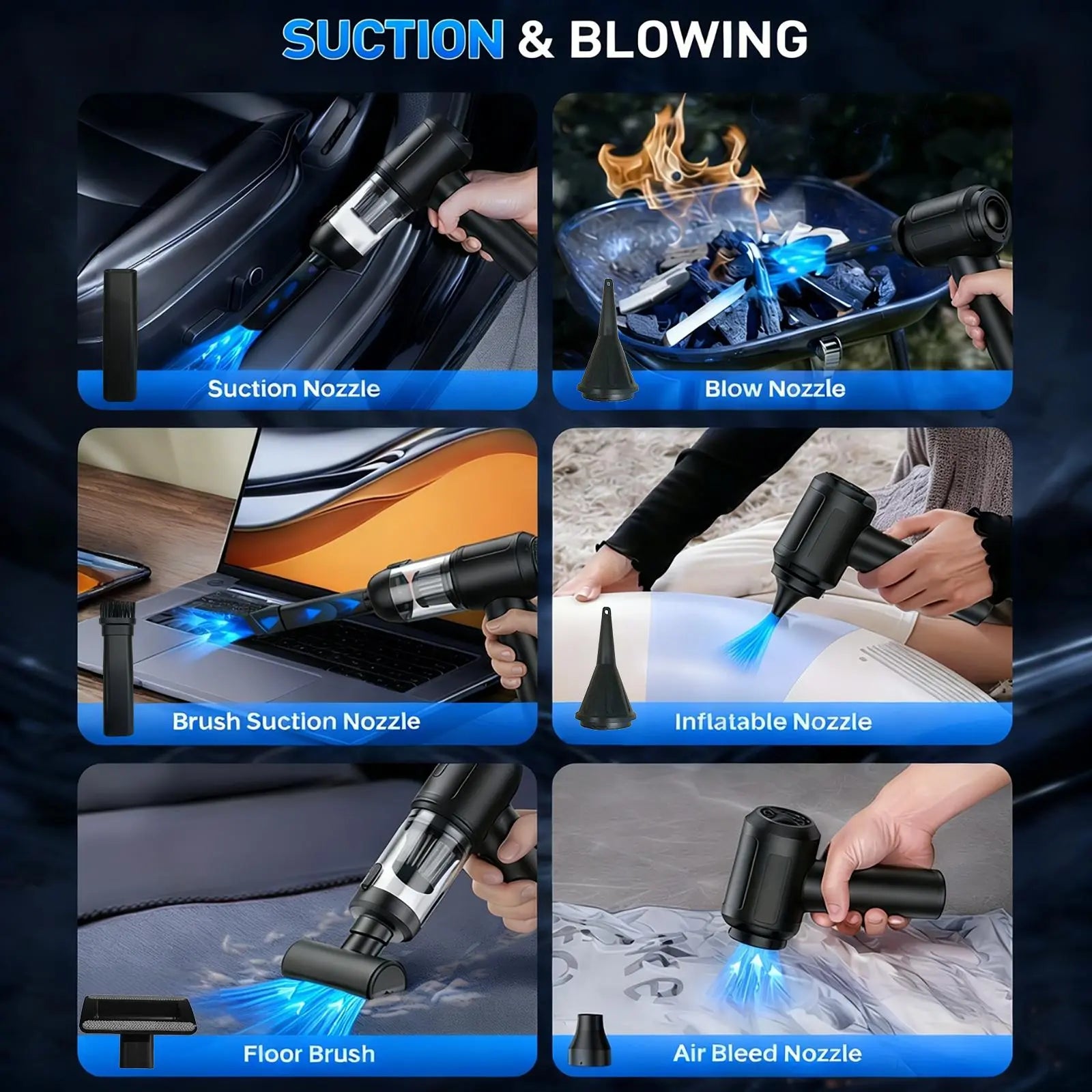 Car Vacuum Portable Cordless, 16000Pa 2 in 1 Vacuum Cleaner&Air Duster, High Power Brushless Motor Handheld Vacuum Cordless with 6000Mah Battery, Multi-Nozzles for Car, Home, Office, Pet