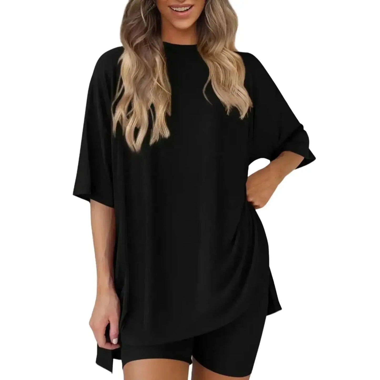 Women'S 2-Piece Solid Color Short-Sleeve round Neck Sleepwear Set - T-Shirt, Tight Shorts, Pocket Design, Casual Summer Comfort Loungewear Womenswear Homewear Womenswear