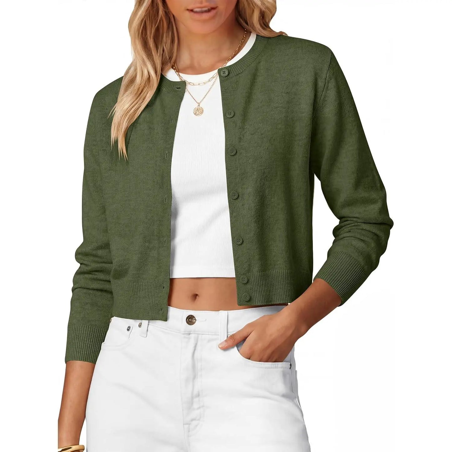 ANRABESS Women'S Cropped Cardigan Sweater | Lightweight Cozy Knit, Long Sleeve Crew Neck Button Down, Cute Versatile Tops for Business Casual Work, Travel, Spring Fall