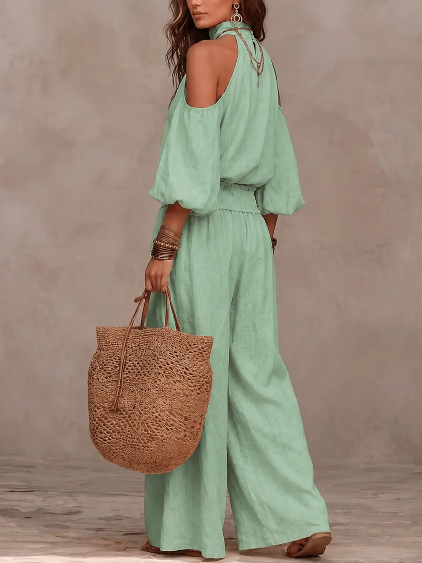 2 Piece Set European Style Loose Fit Lightweight Linen Halter Neck Shoulder Reveal Vacation High Waist Wide Leg Pants Bohemian